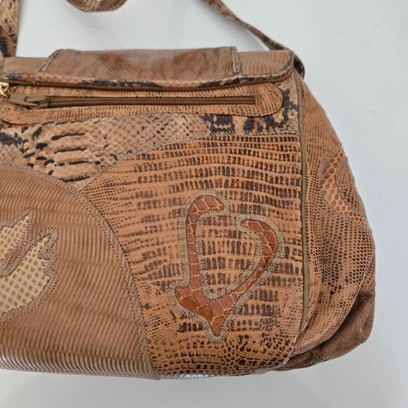 Vintage Sharif Tan & Brown Embossed Leather Patchwork Crossbody Shoulder Bag - Picture 6 of 13